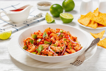 mexican shrimp cocktail salad in a bowl, top view