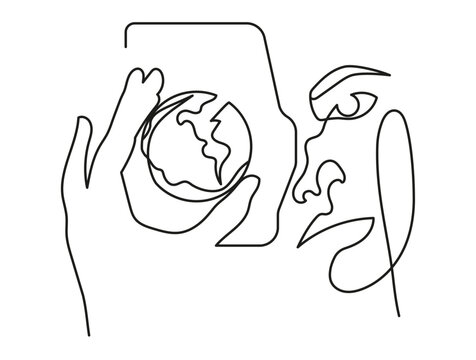 World Traveler Taking Pictures with Camera Where the Lens Looks Like Planet Earth in Minimal One Line Art Drawing