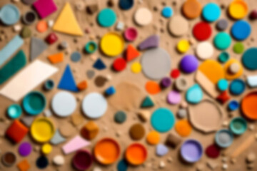 Fototapeta na wymiar ABSTRACT BLURRED BACKGROUND ILLUSTRATION. Multicolored art many serface geometric texture decorative concept. Mixed tangle elements of shape size material objects equipments tools. Flat lay graphic.