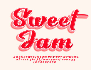 Vector bright logo Sweet Jam. Beautiful calligraphic Font. Red 3D Alphabet Letters, Numbers and Symbols set