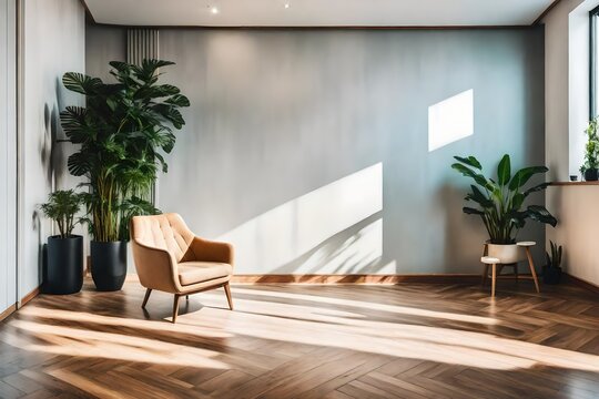 Wall in contemporary interior. Chair and some plants on the floor. Straight angle photography - AI Generative