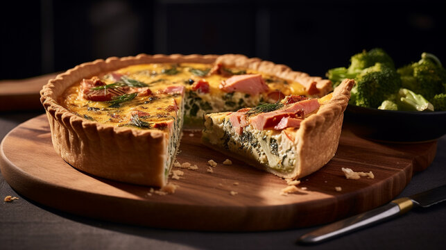 A delicious baked quiche cheese pie with a slice cut out.  
