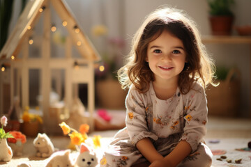Full-body shot of a happy 3-year-old girl playing on the carpet in the living room with toys around. She is wearing a light beige home outfit - obrazy, fototapety, plakaty