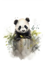 Baby panda with bamboo, watercolor.