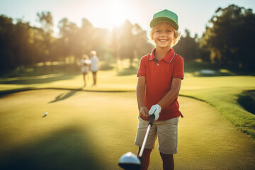 Happy caucasian boy at golfing training lesson looking at camera on golf course