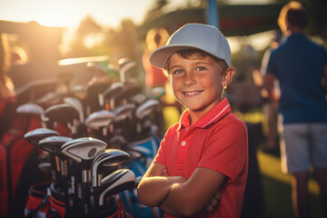 Happy caucasian boy at golfing training lesson looking at camera on golf course