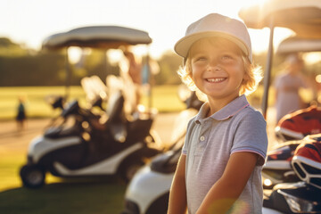 Happy caucasian boy at golfing training lesson looking at camera on golf course