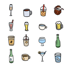 Set of Drink doodle hand drawing with color, Vector