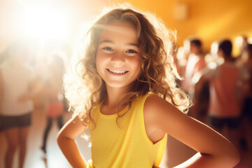 Happy caucasian girl at indoor activity training lesson such as dance or gym looking at camera