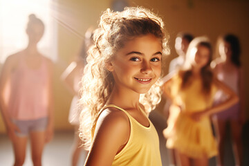 Happy caucasian girl at indoor activity training lesson such as dance or gym looking at camera