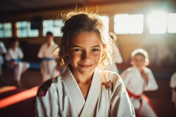 Fotobehang Happy European girl at Judo or Karate training lesson looking at camera © Keitma