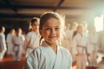 Gordijnen Happy European girl at Judo or Karate training lesson looking at camera © Keitma