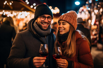 Man and woman couple with glühwein glasses at christmas market during winter evening