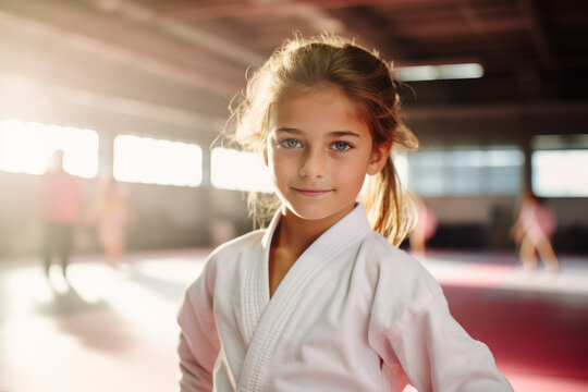 Happy European girl at Judo or Karate training lesson looking at camera