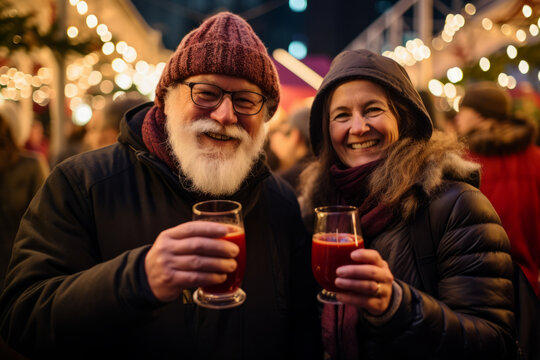 Man and woman couple with glühwein glasses at christmas market during winter evening