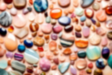 ABSTRACT BLURRED BACKGROUND ILLUSTRATION. Artwork semi precious stones mixed size, material and colored surface texture art decoration style on pastel background for jewelry wallpaper banner backdrop.