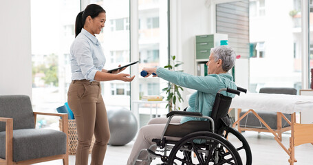 Woman with disability, physiotherapy and dumbbell exercise for healthcare assessment, test or digital checklist of medical progress. Physiotherapist, tablet or consulting senior patient in wheelchair - Powered by Adobe
