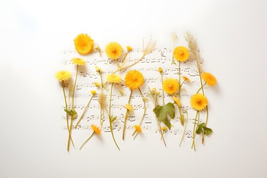 Dandelion flowers lay down on white sheet music,  Flat lay abstract minimal spring concept