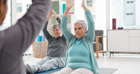 Old people in yoga class, fitness and meditation with breathing, wellness and retirement. Health,...
