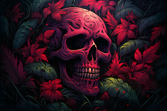 skull full flower and leaf in background eerie composition