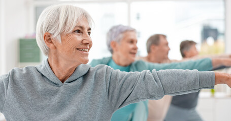 Old people in yoga class, fitness and stretching with happiness, wellness and retirement. Health,...