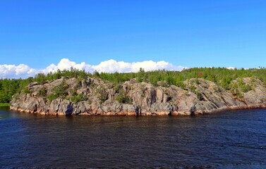 Ladoga skerries, stone islands overgrown with pines on Lake Ladoga in the national park of the Republic of Karelia