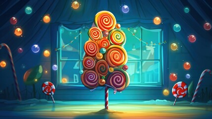 Christmas tree with lollipops and garlands in the background. Christmas Greeting Card. Christmas Postcard.