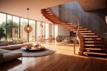 Spacious living room with elegant winding wooden staircase