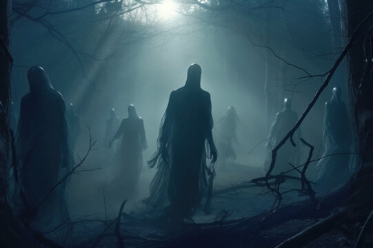 Nocturnal haunted forest scene with wandering spirits and mysterious undeads