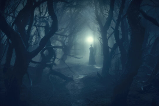 Creepy ghostly figure deep in a nighttime forest cloaked in fog