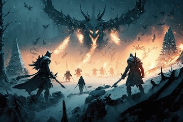Fototapeta premium Hunters fighting with dragon. Generative AI.