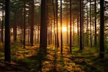 Filtered Morning Light Among Pine Trees in Minnesota Forest at Daybreak. Generative AI
