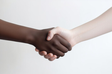 Close-up of African-American and Caucasian person shaking hands against white wall. Black man and white man holding hands as a sign of unity between the races. - obrazy, fototapety, plakaty