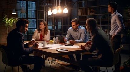 business formal meeting conference discussion with coworker shareholder or client concentrate private ideas data report analysis businesspeople working find solution together in office,ai generate
