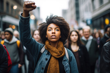  An African-American young woman with a raised fist walks through the city with a crowd of protesters during a rally. 