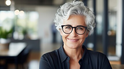 Portrait of a senior businesswoman standing in office. Female entrepreneur with short hair and business casuals looking at camera.,ai generate