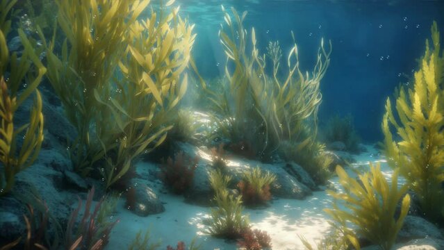 Close up undersea scene with seaweed marine plants in clean turquoise shallow water on ocean floor or in aquarium and sunbeams from surface. Underwater scene 3D animation rendered in 4K