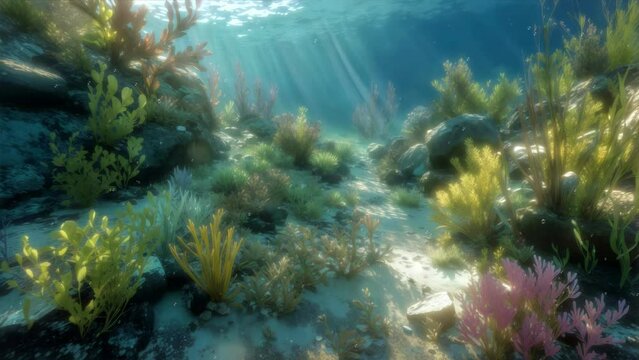 Serene underwater background with colorful marine plants and tropical coral reef in clean shallow water on sea bottom and sun rays from surface. Undersea scene 3D animation rendered in 4K