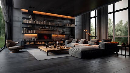 The style of decorating living room with luxury with dark concrete