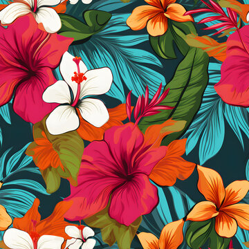Tropical leaves and flowers seamless pattern. Jungle background.