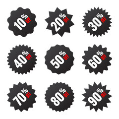 Price tags collection, special offer or shopping discount label with percent, discount percentage value. Black turned retail paper sticker. Promotional sale badge. Vector illustration