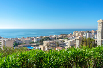 Fototapeta na wymiar Panoramic view of Mediterranean coastlinein Parque de la Bateria in Torremolinos, Spain
