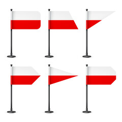 Polish table flags on a black steel pole. Souvenir from Poland. Desk flag made of paper or fabric, shiny metal stand. Mockup for promotion and advertising. Vector illustration