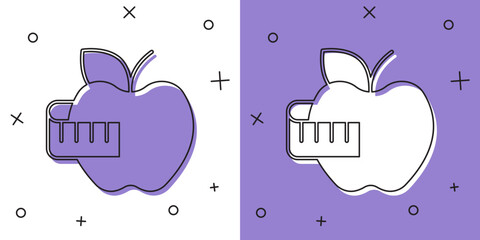 Set Apple and measuring tape icon isolated on white and purple background. Excess weight. Healthy diet menu. Fitness diet apple. Vector