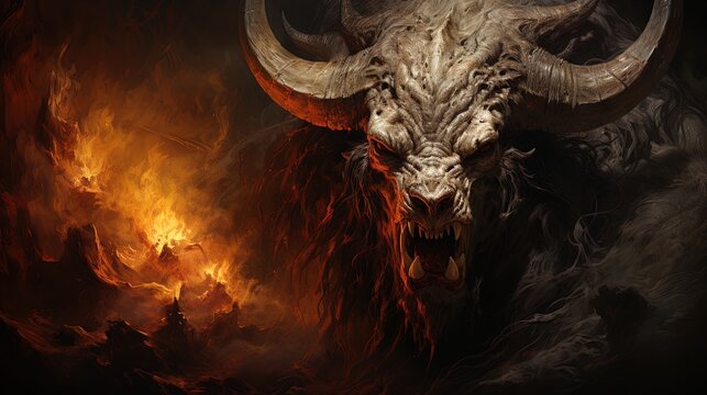 Powerful devilish beast with horns showing teeth surrounded by fire. Generative aI