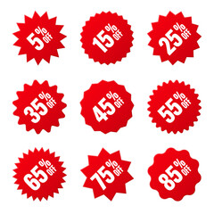 Price tags collection, special offer or shopping discount label with percent, discount percentage value. Red turned retail paper sticker. Promotional sale badge. Vector illustration