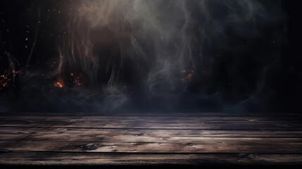 Wooden table in front of a dark background with smoke and fog