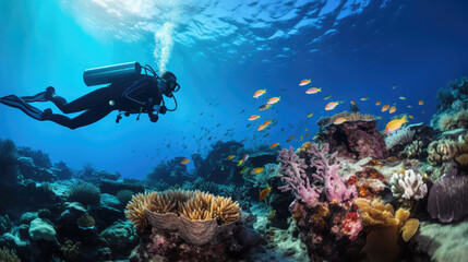 Scuba diver and fish on a coral reef in the Red Sea