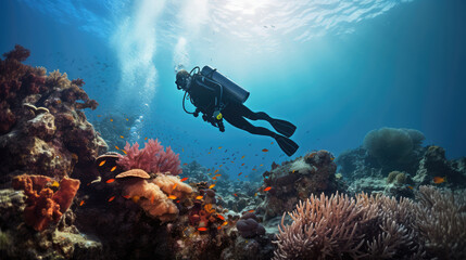 Scuba diver with corals and tropical fish on the coral reef