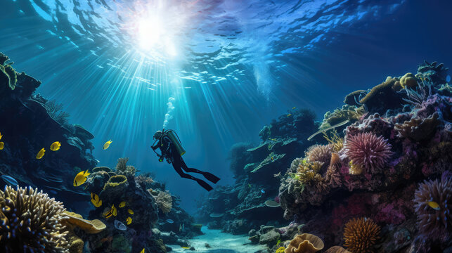 Underwater view of the coral reef with tropical fish and sunlight.